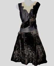 Antique '20s Black Plush Silk Velvet Applique Cream Lace Bias Cut Evening Dress picture