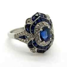 Art Deco Vintage Style Lab-Created Sapphire & Diamond Engagement 925 Silver Ring picture