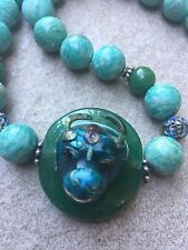 Antique Chinese Silver Enamel Pendant Amazonite Bead Necklace picture