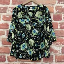Vintage Blair Top Shirt Womens Large Black Multicolor Floral Pocketed Blouse picture