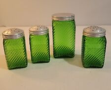 Vintage 1930's Owens set of 4 ILLINOIS Emerald Green Ribbed Glass Hoosier   picture