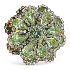 Vintage Weiss Signed Peridot & Clear Color Rhinestone Layered Flower Brooch picture