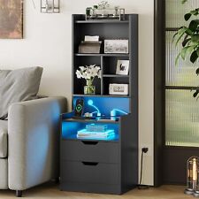 Tall Night Stand with Charging Station and LED Lights Bedside Table with Drawers picture