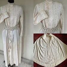 Antique Victorian Hand Embroidery Eyelet Lace PLEAT 7' Sweep Train Dress L or XL picture