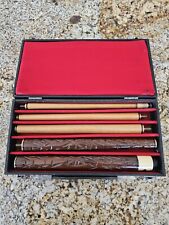 Vintage 5 Piece Pool Cue Sticks/Carry Case,Carved Wood Fabric &Brass picture