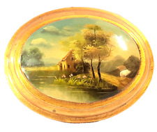 Antique Painting Gold Oval Frame Convex Bubble Glass Landscape Picture Early 20s picture