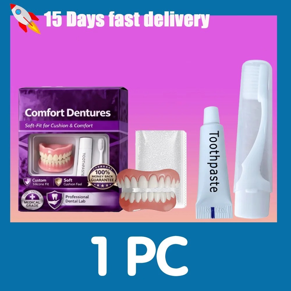 Moldable Silicone Dentures Upper Lower False Teeth Set Instant Smile Toothbrush