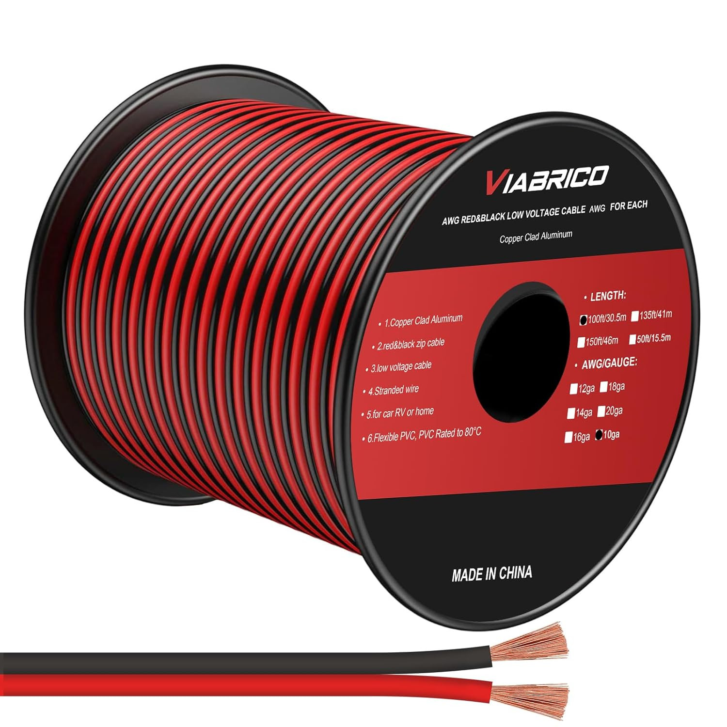 100FT 10 Gauge Wire, 10AWG Automotive Wire 2 Conductor 12V Cable