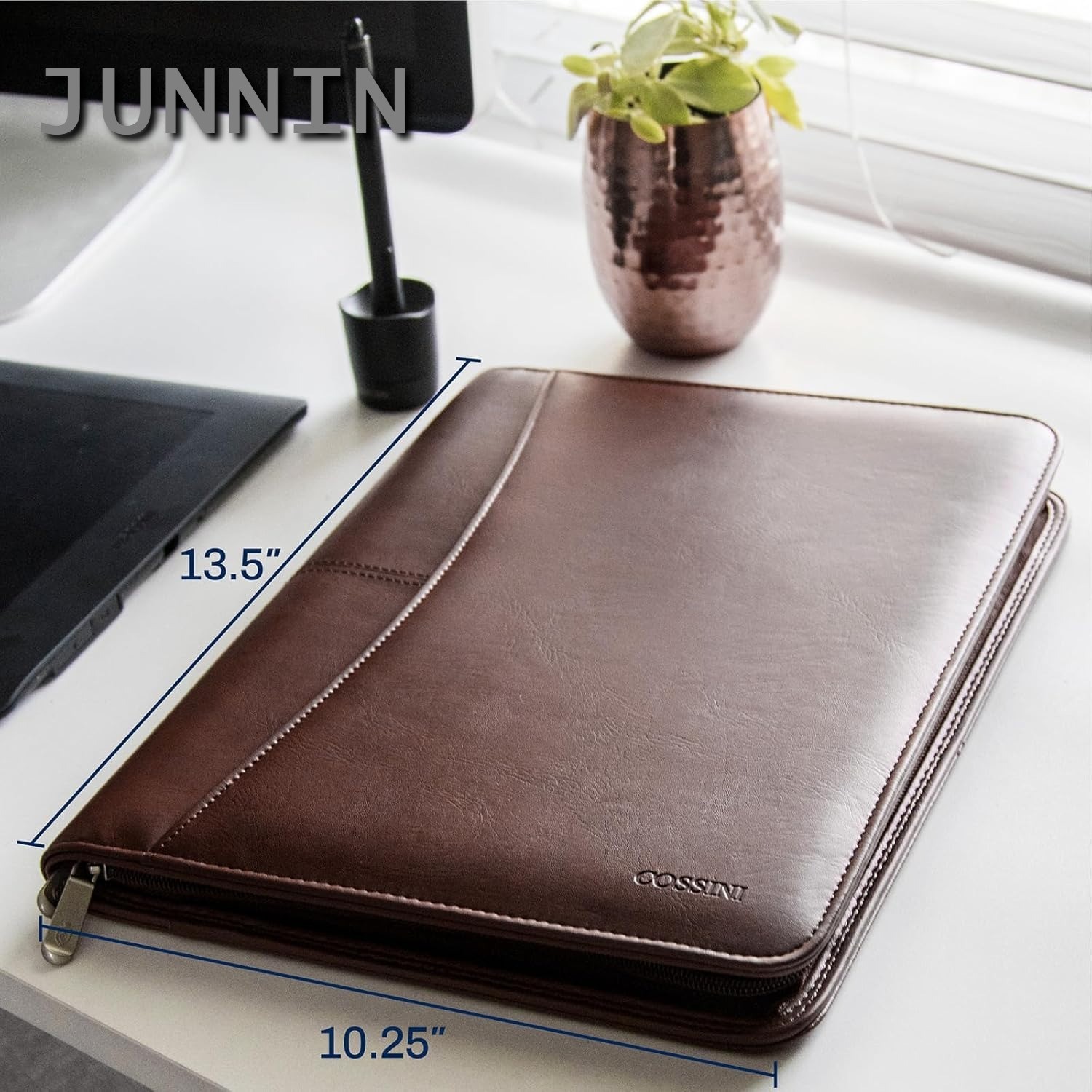 Brown PU Leather Business Portfolio Zipper Padfolio Tablet Sleeve Solar Calculat Brown PU Leather Business Portfolio Zipper Padfolio Tablet Sleeve Solar Calculat