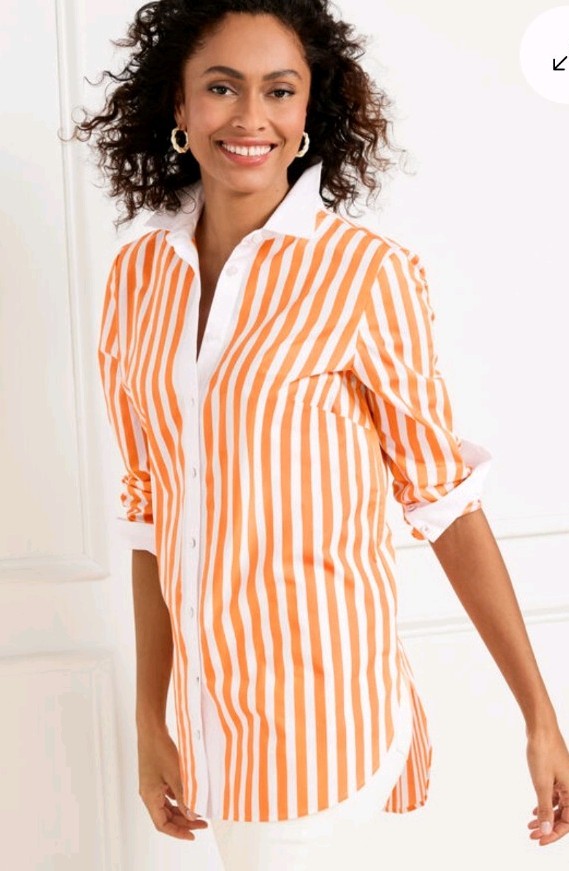 Talbots Womens Sz L Orange White Striped Coastal Cotton Casual Button-Up Shirt