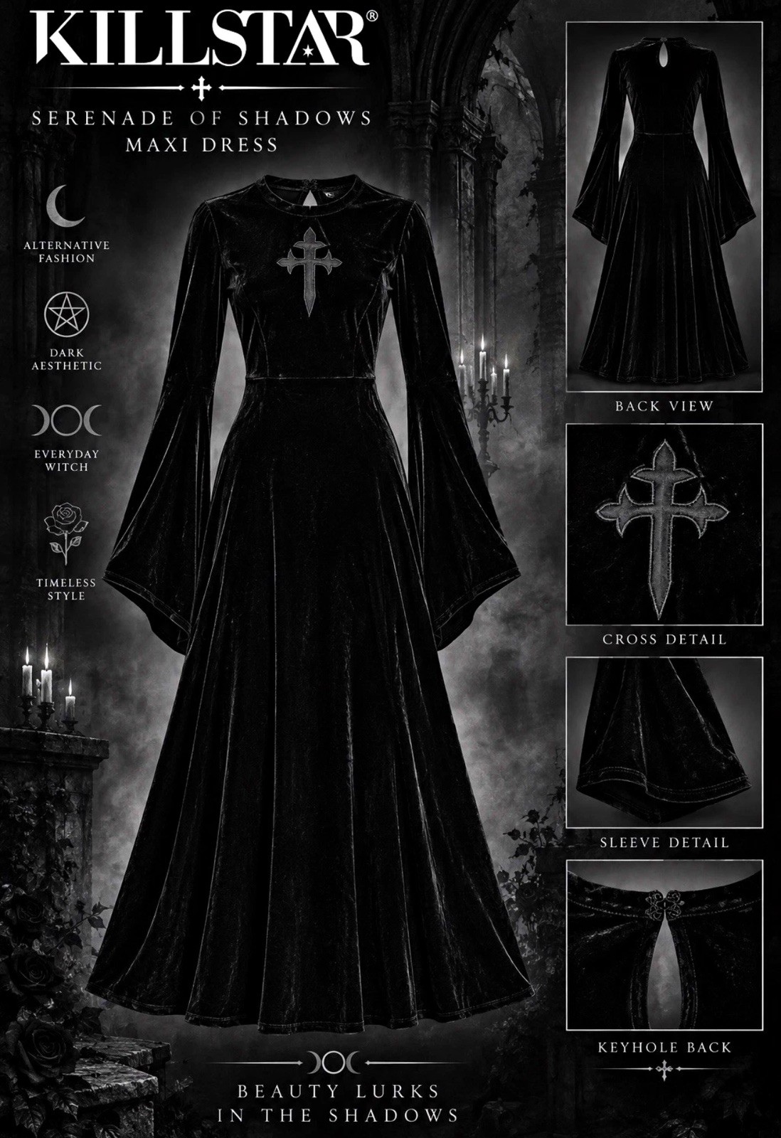 KILLSTAR Serenade of Shadows Maxi Dress m Black Velvet Bell Sleeve Keyhole KILLSTAR Serenade of Shadows Maxi Dress m Black Velvet Bell Sleeve Keyhole