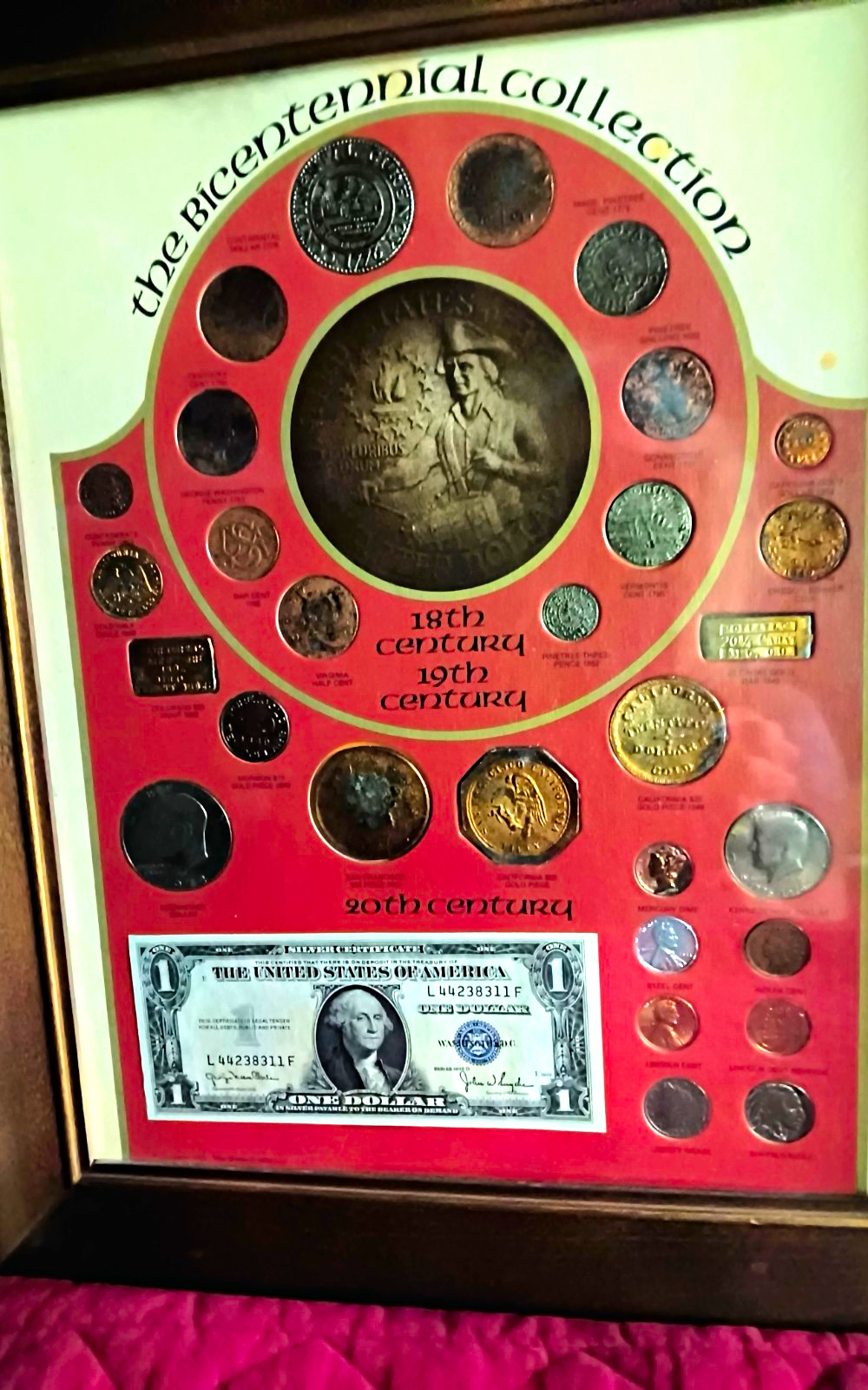 Bicentennial Collection Framed Display w/ Assorted US Coins & $1 One Dollar Bill Bicentennial Collection Framed Display w/ Assorted US Coins & $1 One Dollar Bill