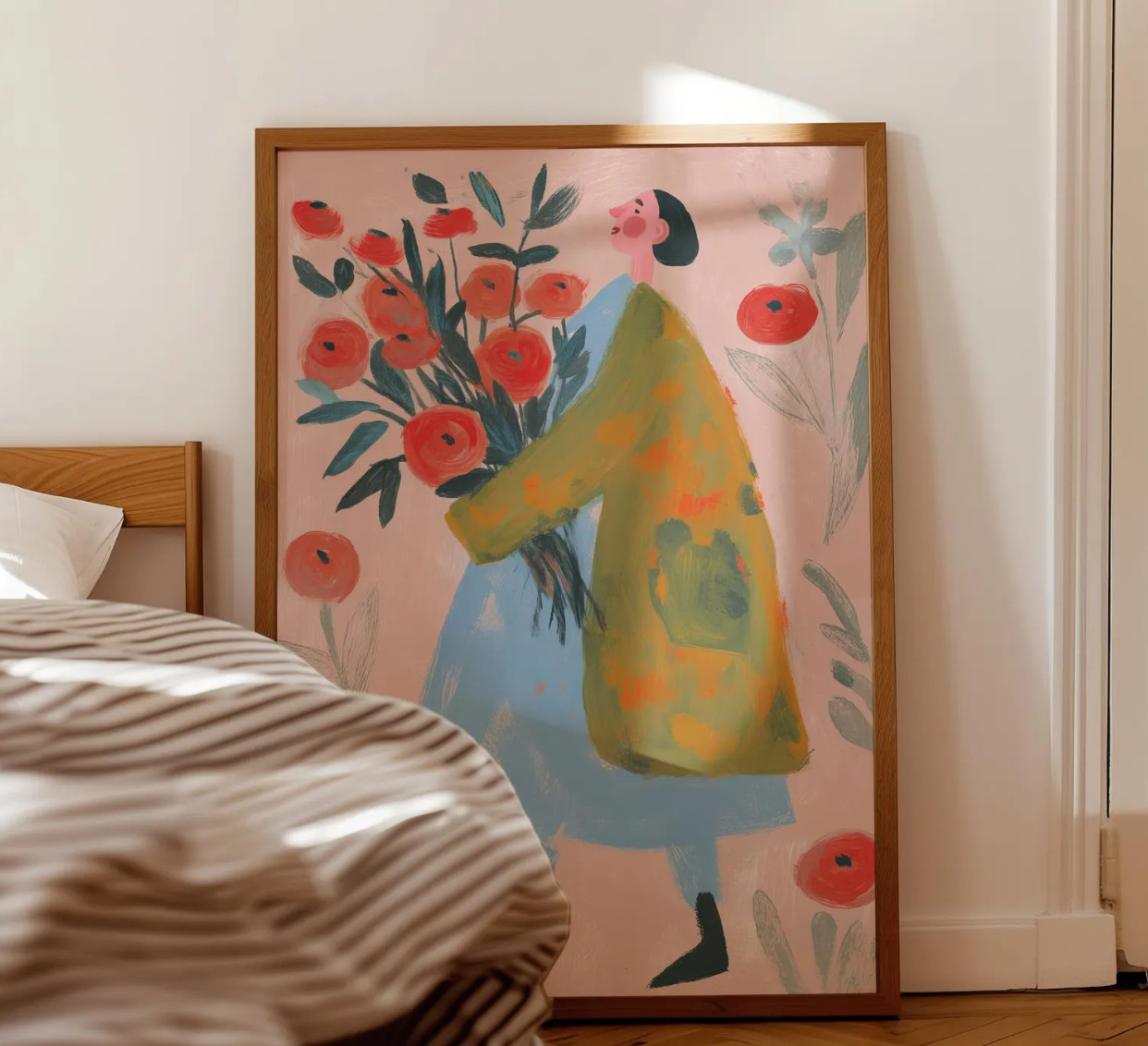 Woman Flower Folk Art Print Boho Floral Wall Decor Colorful Home Artwork