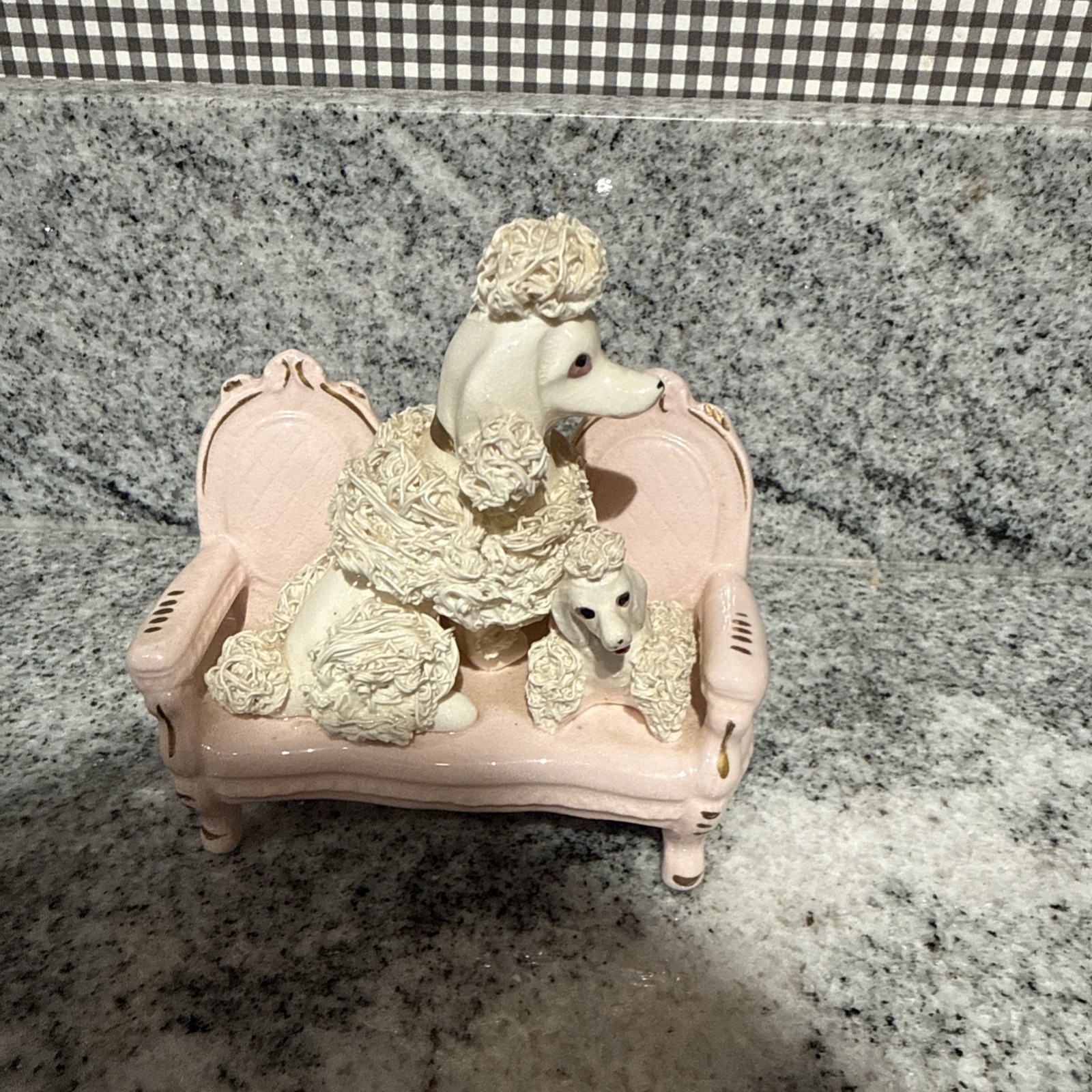 Charming VTG Japan White Ceramic Spaghetti Poodle Figurines on Pink Loveseat Charming VTG Japan White Ceramic Spaghetti Poodle Figurines on Pink Loveseat