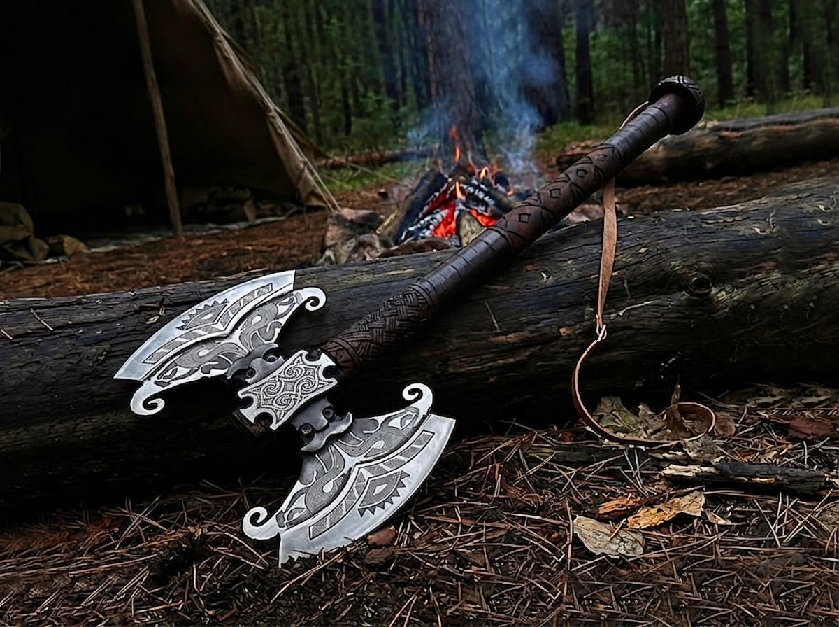 Personalized Hand-Forged Double Headed Viking Axe, Engraved Norse Battle Axe 