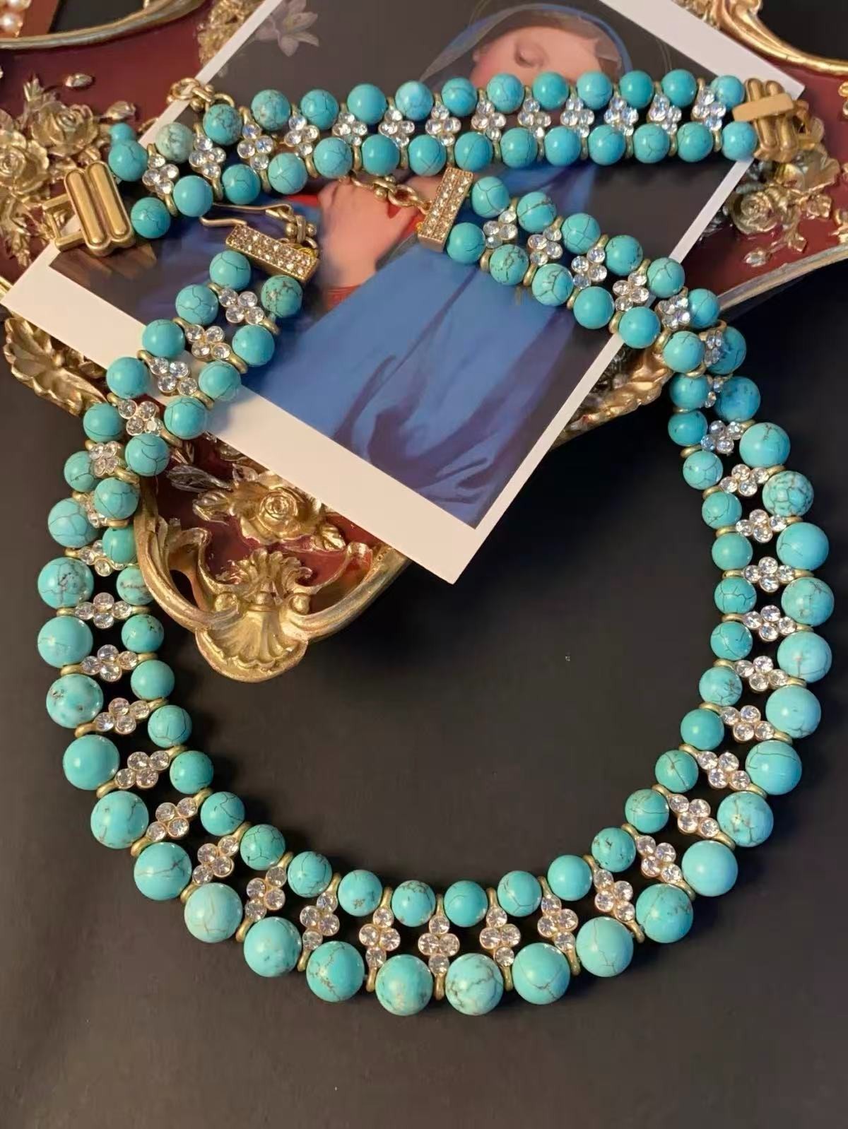Turquoise Statement Necklace & Bracelet Double Strand Crystal Vintage Style
