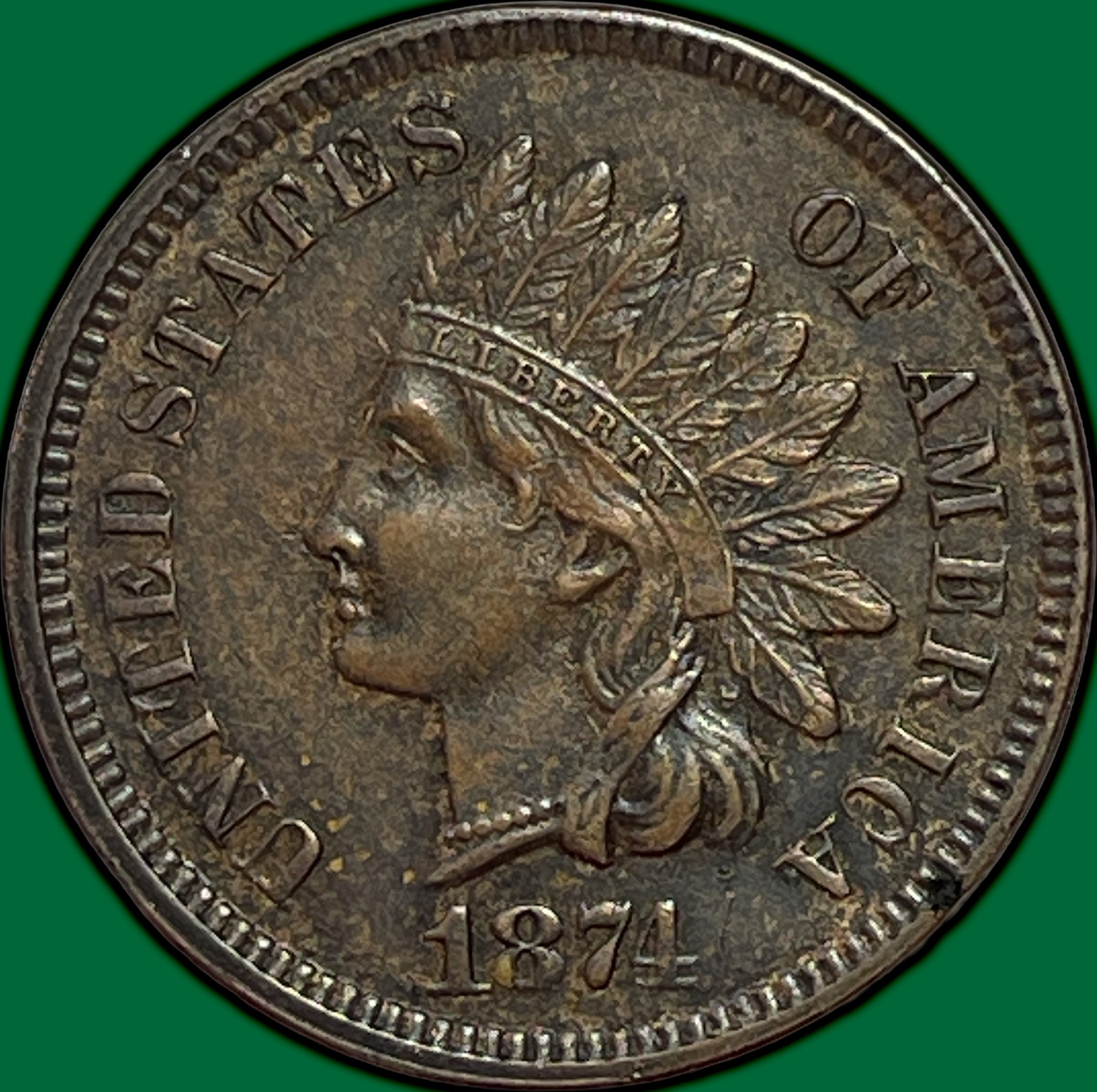 1874 Indian Head Cent Choice Almost Uncirculated AU+ Coin #48113