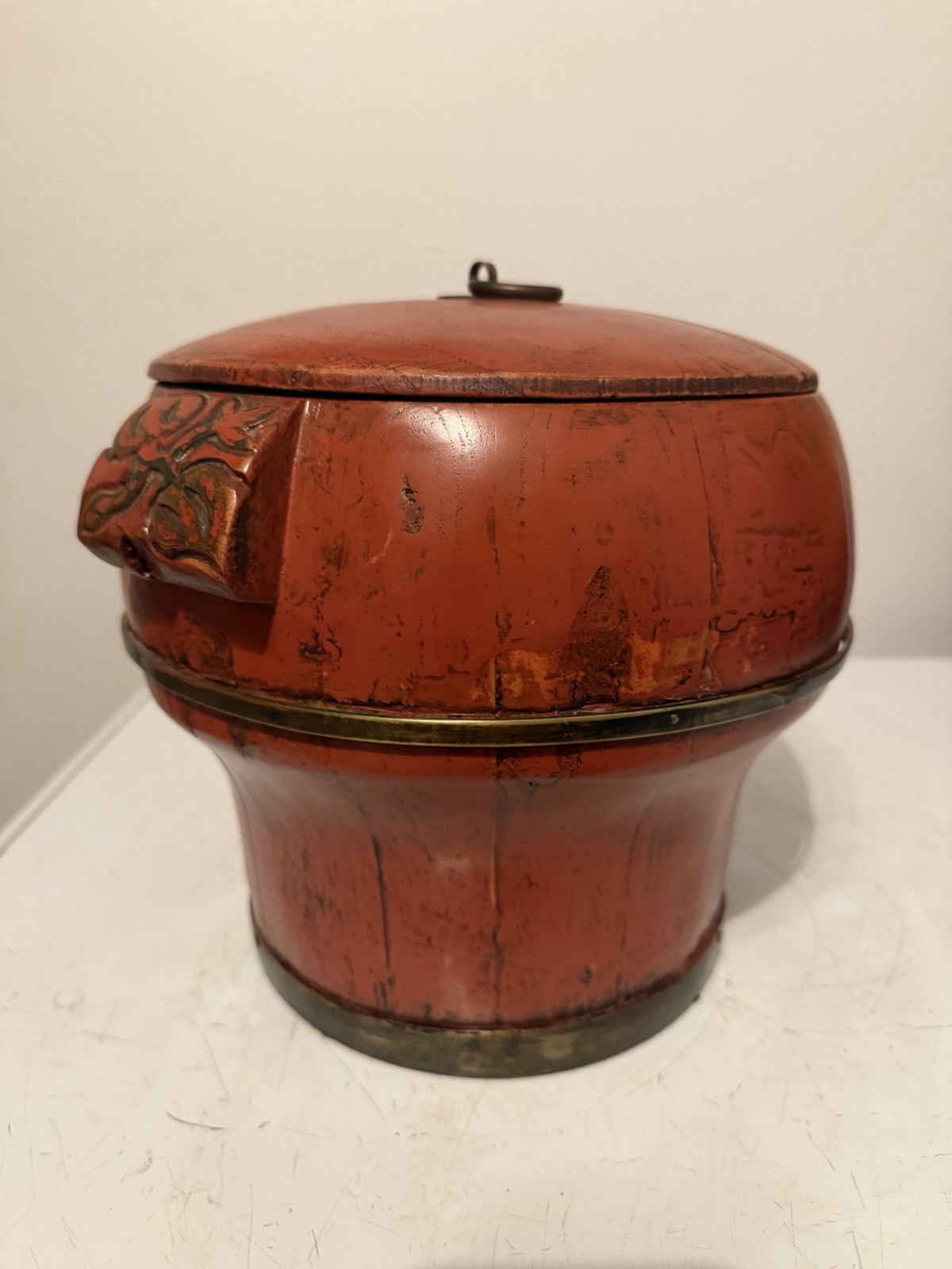 Antique Wood Storage Box Brass Trim Red Decorative Lidded Container 11”