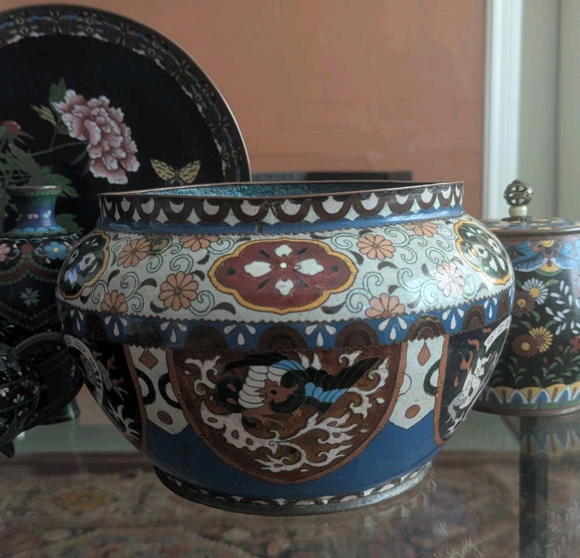 Antique Japanese Cloisonne Jardiniere Planter Dragon Phoenix Meiji 1900 Period Antique Japanese Cloisonne Jardiniere Planter Dragon Phoenix Meiji 1900 Period