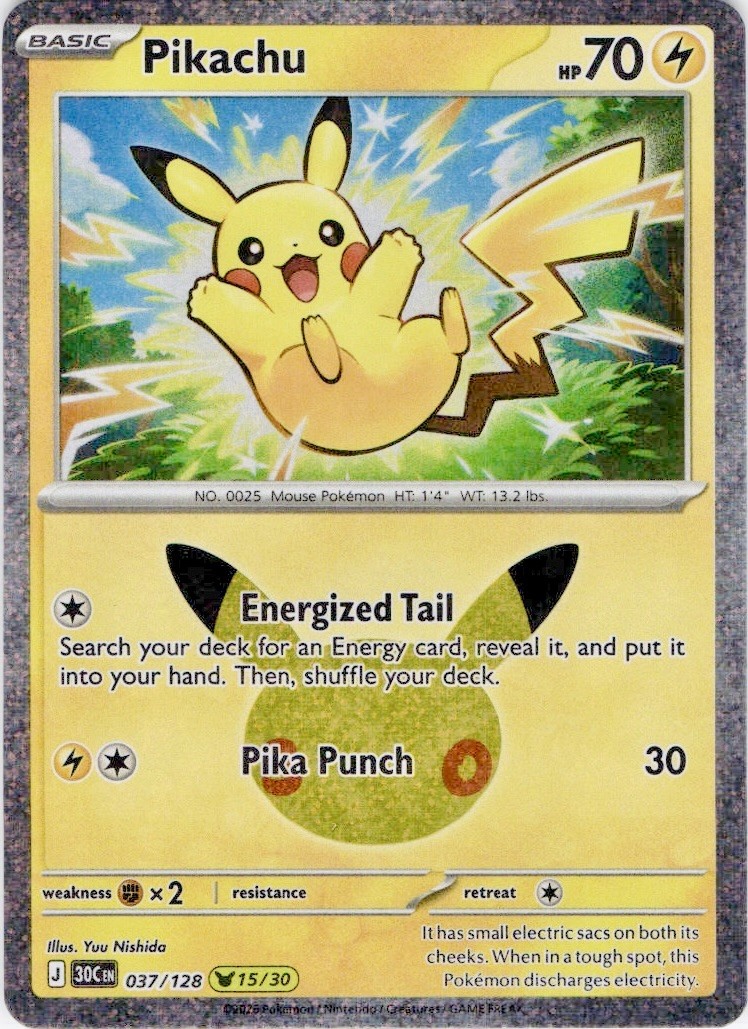 Pikachu 037/128 Holo Pikachu Rare ME: 30th Celebration Pokemon NM + 30th Sleeve