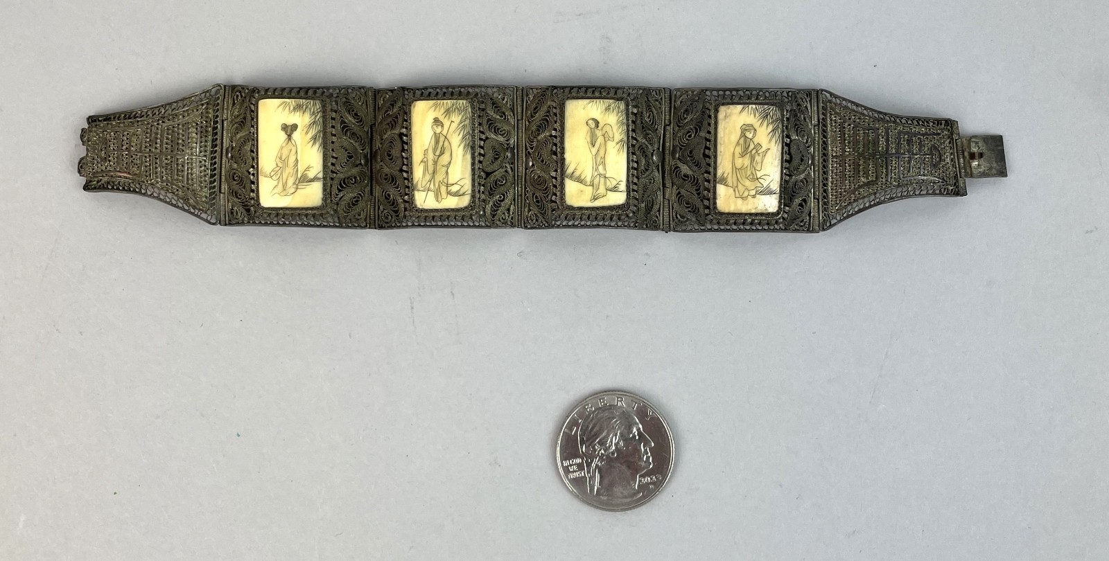 Antique 1920s Chinese Filigree Metal 4 Panel Link with scrimshaw Bracelet 7” Antique 1920s Chinese Filigree Metal 4 Panel Link with scrimshaw Bracelet 7”