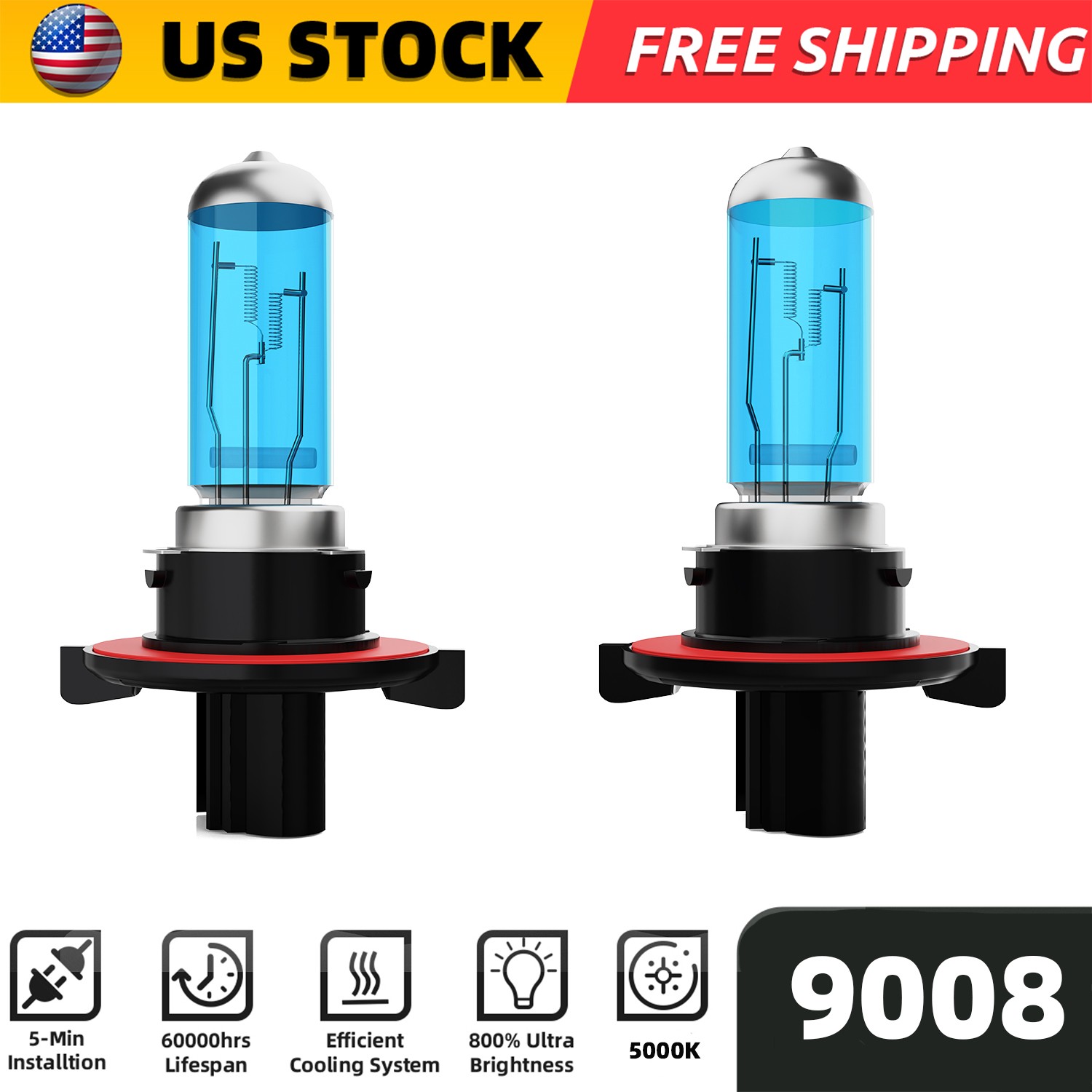 H13/9008 Halogen Headlight Super Bright Bulbs Kit White 5000K High/Low Beam 2PCS