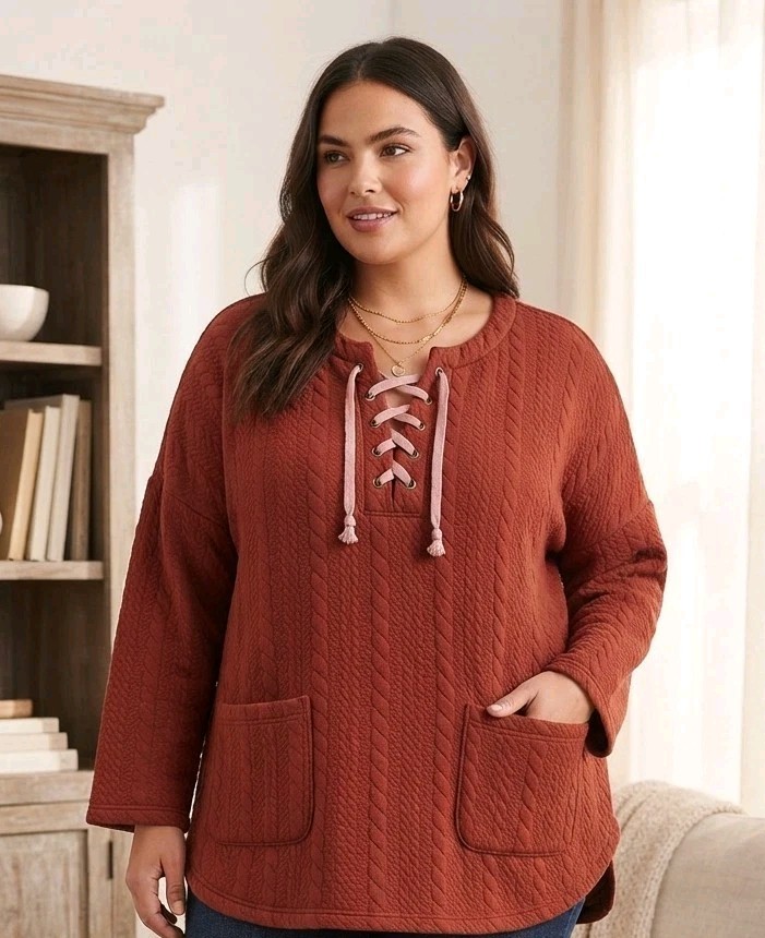 Weekend Suzanne Betro Women\'s 2X Plus Rust Quilted Pullover Top Lace-Up Tunic Weekend Suzanne Betro Women\'s 2X Plus Rust Quilted Pullover Top Lace-Up Tunic