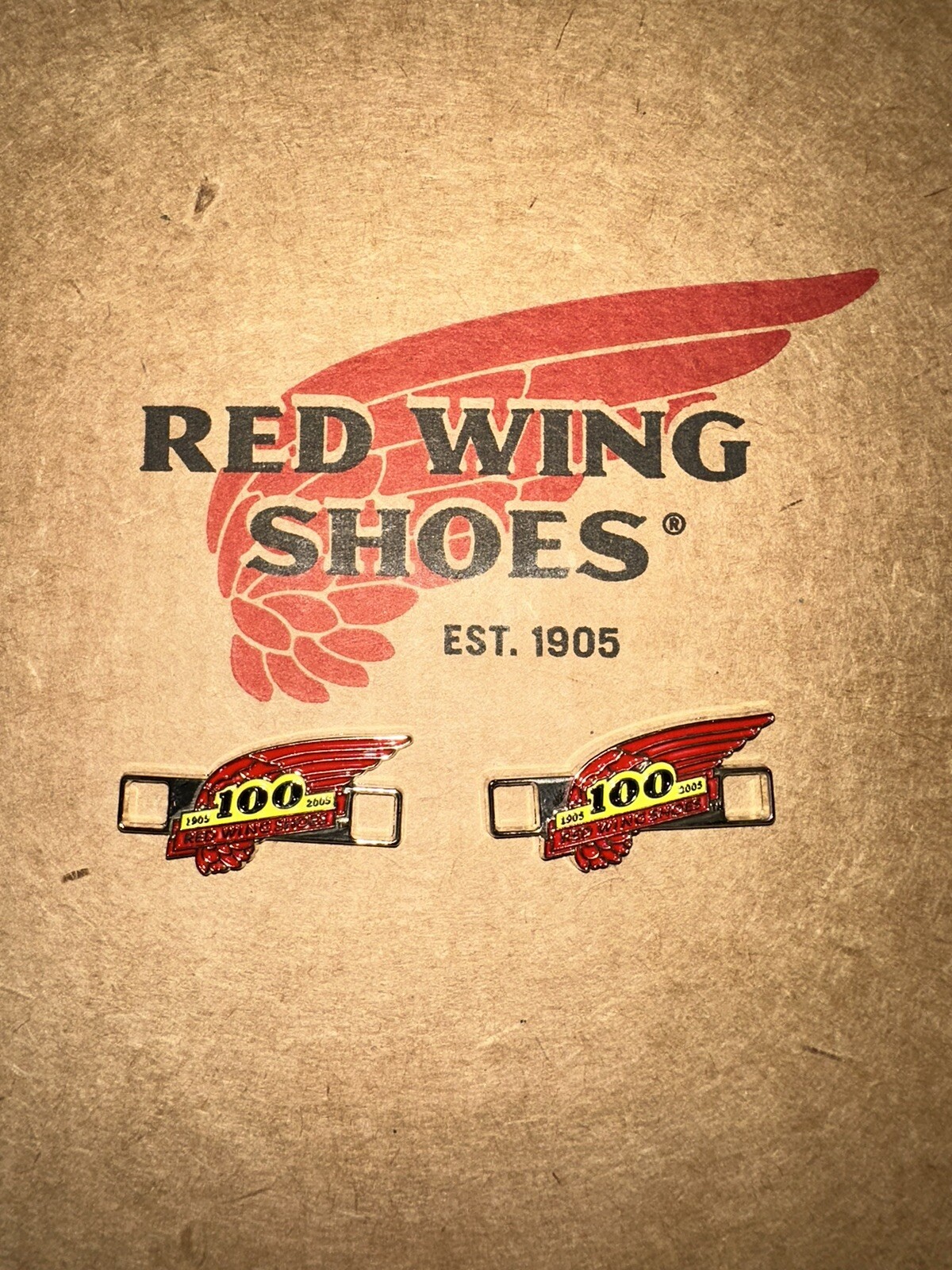 ONE PAIR RED WING SHOES 100 YEAR ANNIVERSARY BOOT LACE SHOE KEEPER CHARMS USA ONE PAIR RED WING SHOES 100 YEAR ANNIVERSARY BOOT LACE SHOE KEEPER CHARMS USA