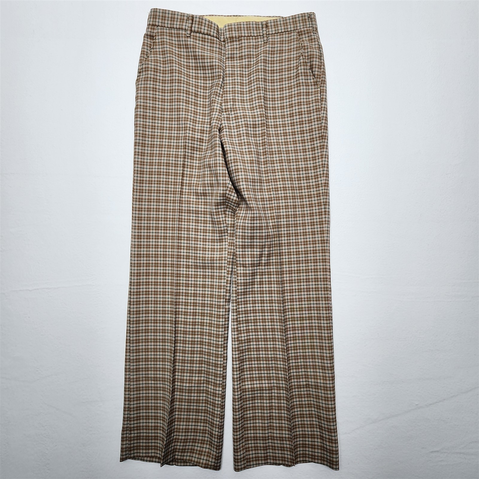 Vtg H.I.S 34x32 Brown Plaid Bell Bottom Flare Disco Hippie Poly Twill Trousers Vtg H.I.S 34x32 Brown Plaid Bell Bottom Flare Disco Hippie Poly Twill Trousers