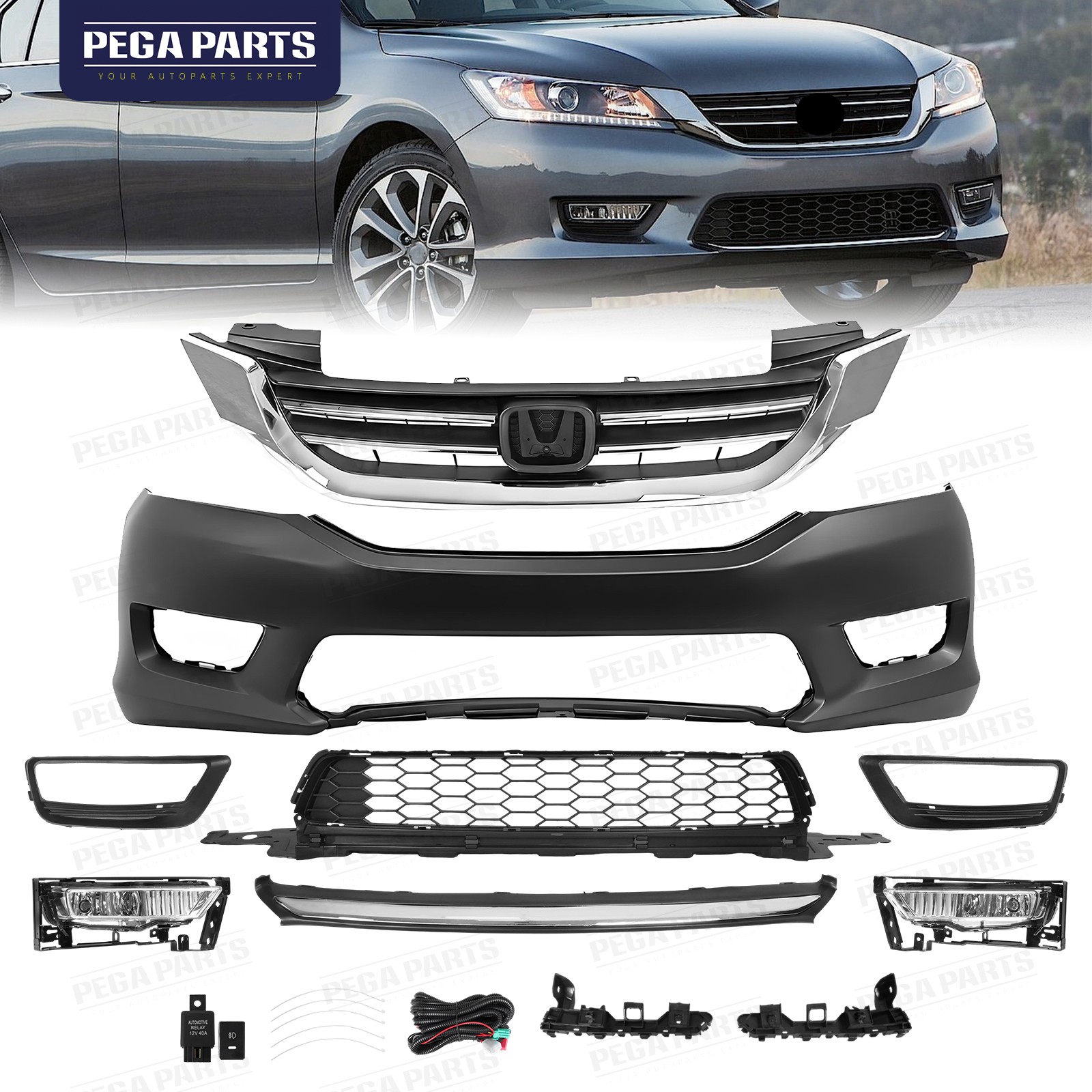 For 2013 2014 2015 Honda Accord Front Grille Set w/ Front Bumper Cover Chrome