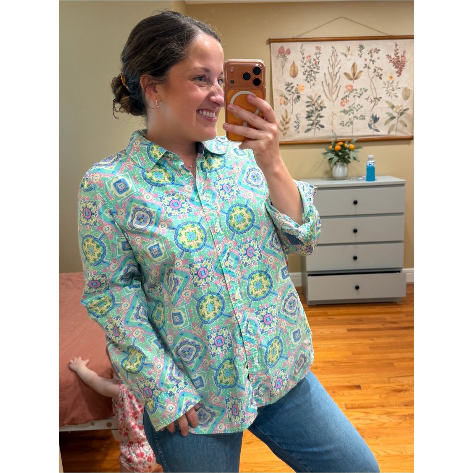 Talbots Cotton Colorful Medallion Print Button-Up Shirt - Mint/Pastel Large