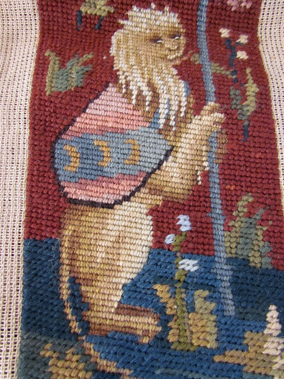 Antique French Wool Needlepoint Tapestry Mythical Lion Moody Floral