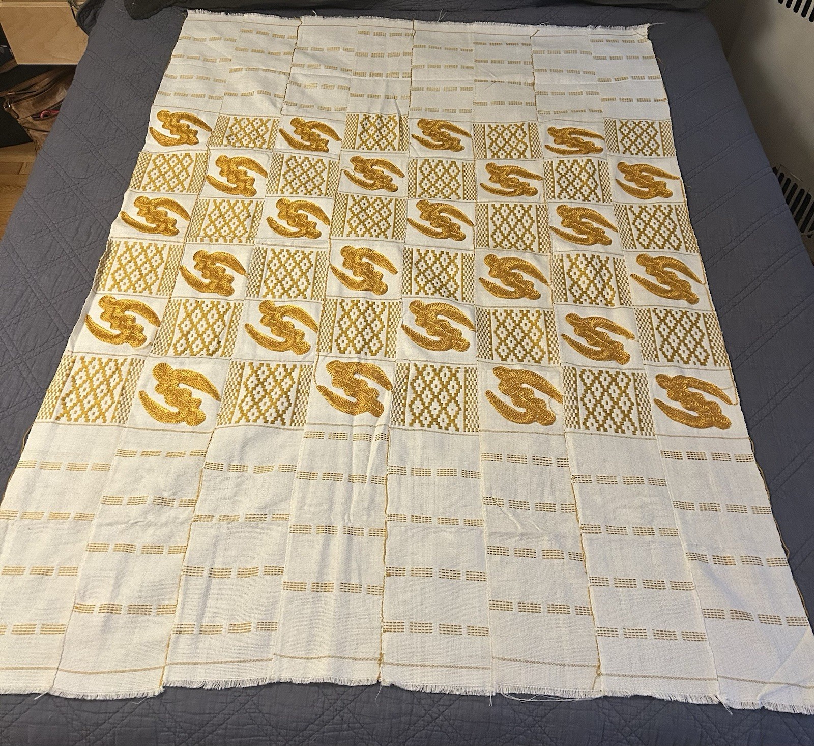 Handwoven Ghanaian Kente Cloth Panel White & Gold 44x60”