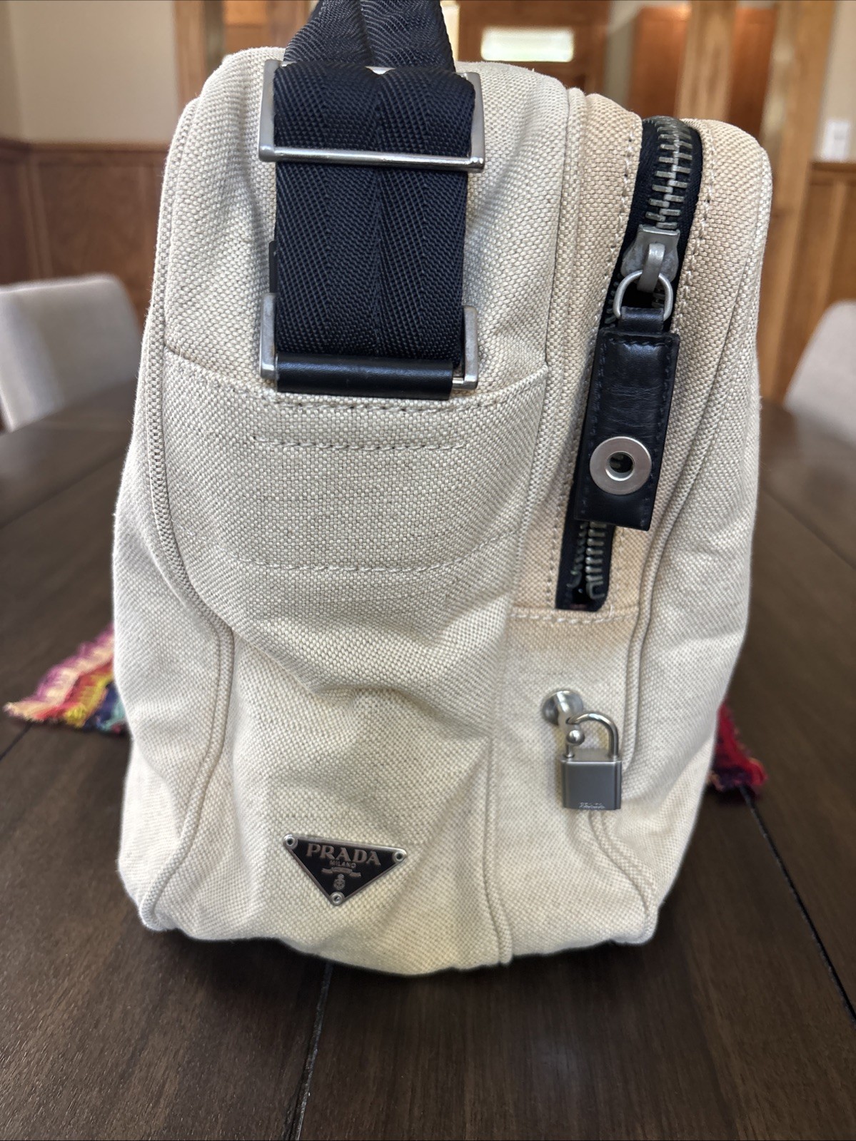 Authentic Prada Re-2000 V188 Canapa Canvas Messenger Crossbody Bag Beige Italy