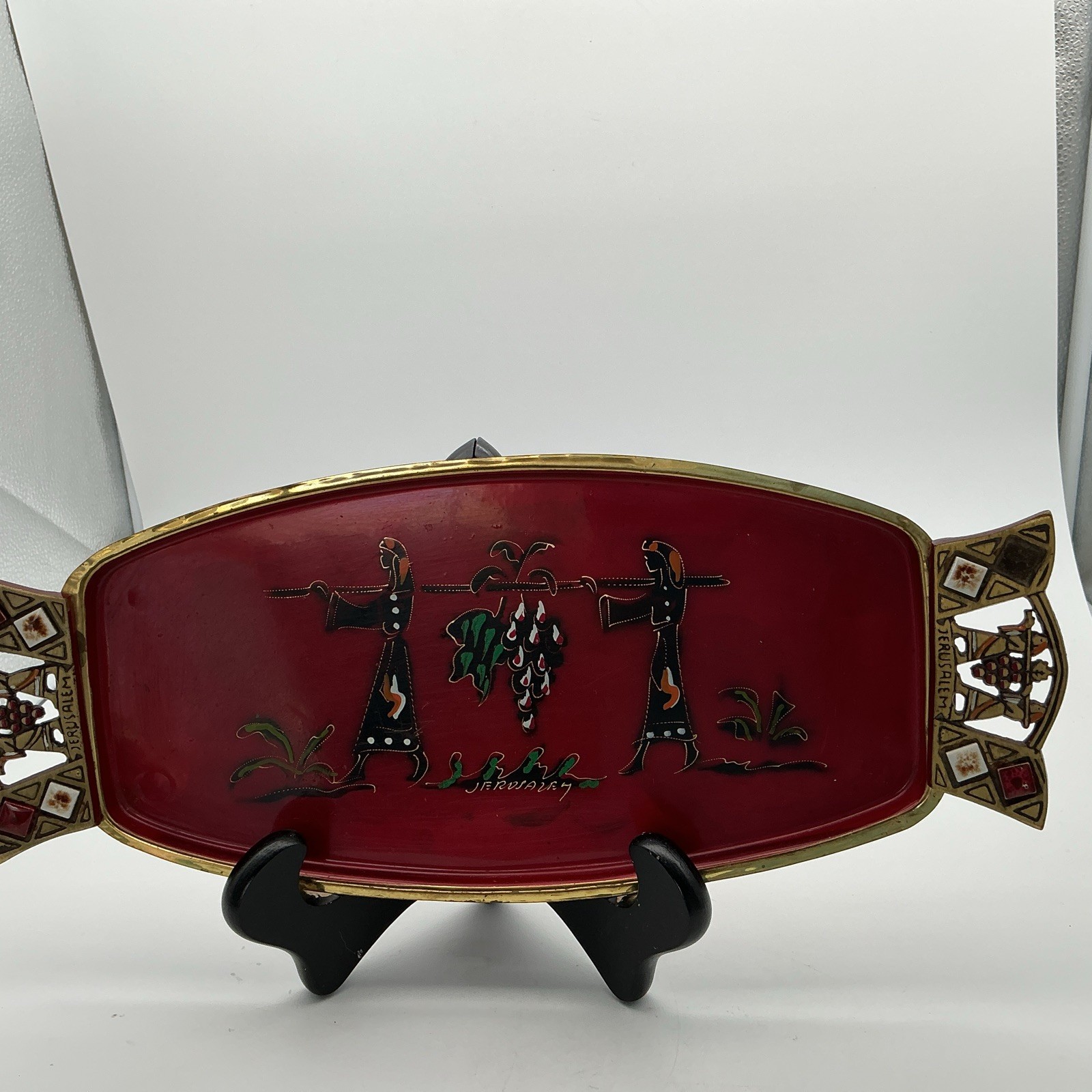 Vintage Jerusalem Israel Hand Painted Enamel Brass Tray Grapes Judaica 15” Vintage Jerusalem Israel Hand Painted Enamel Brass Tray Grapes Judaica 15”