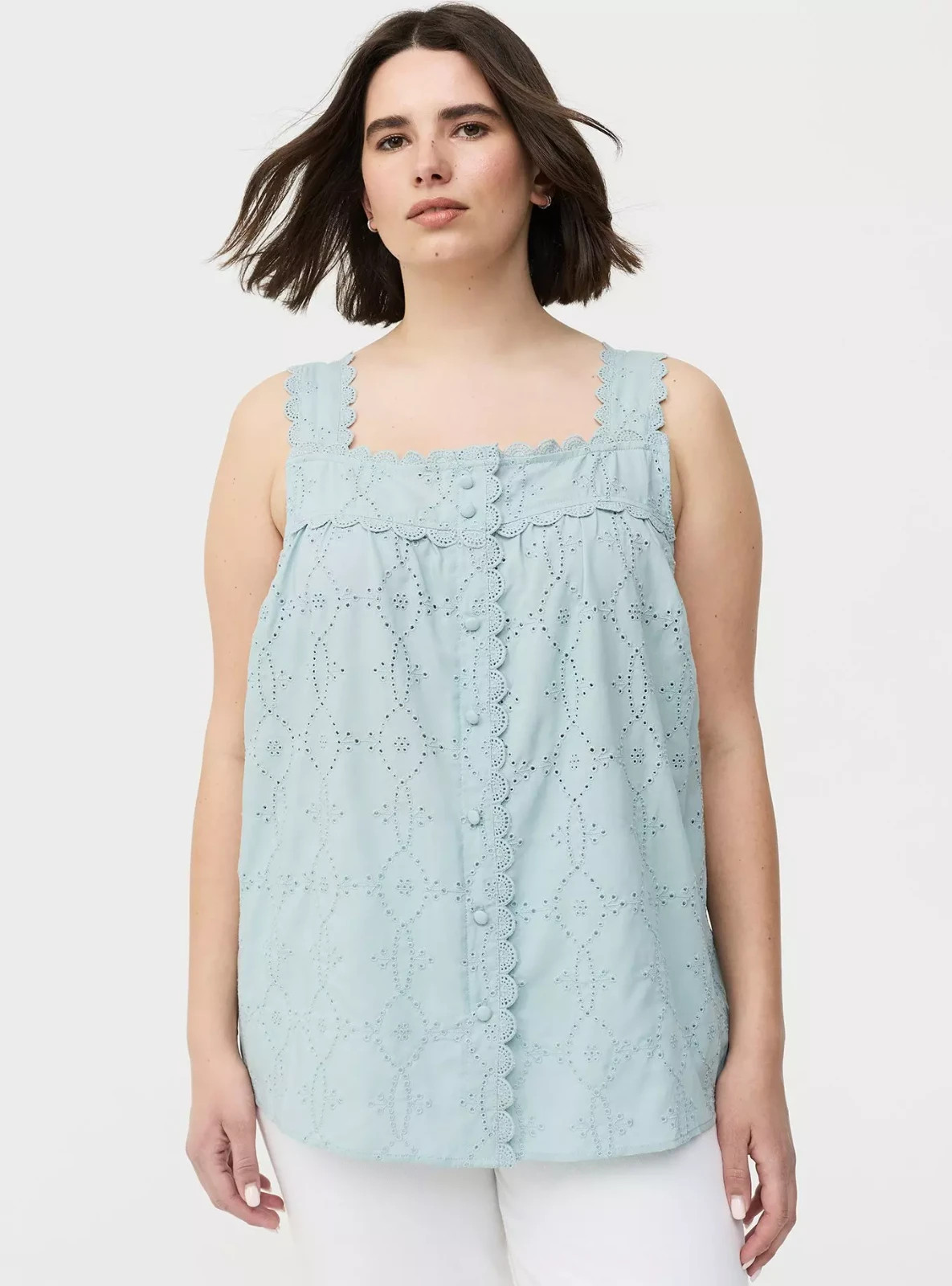 Torrid Plus Size 1X Eyelet Sleeveless Top Square Neck Pullover Pale Blue NWT Torrid Plus Size 1X Eyelet Sleeveless Top Square Neck Pullover Pale Blue NWT