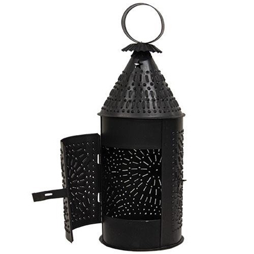 New PRIMITIVE Early Style PUNCHED TIN BLACK LANTERN CANDLE HOLDER LAMP 14 New PRIMITIVE Early Style PUNCHED TIN BLACK LANTERN CANDLE HOLDER LAMP 14