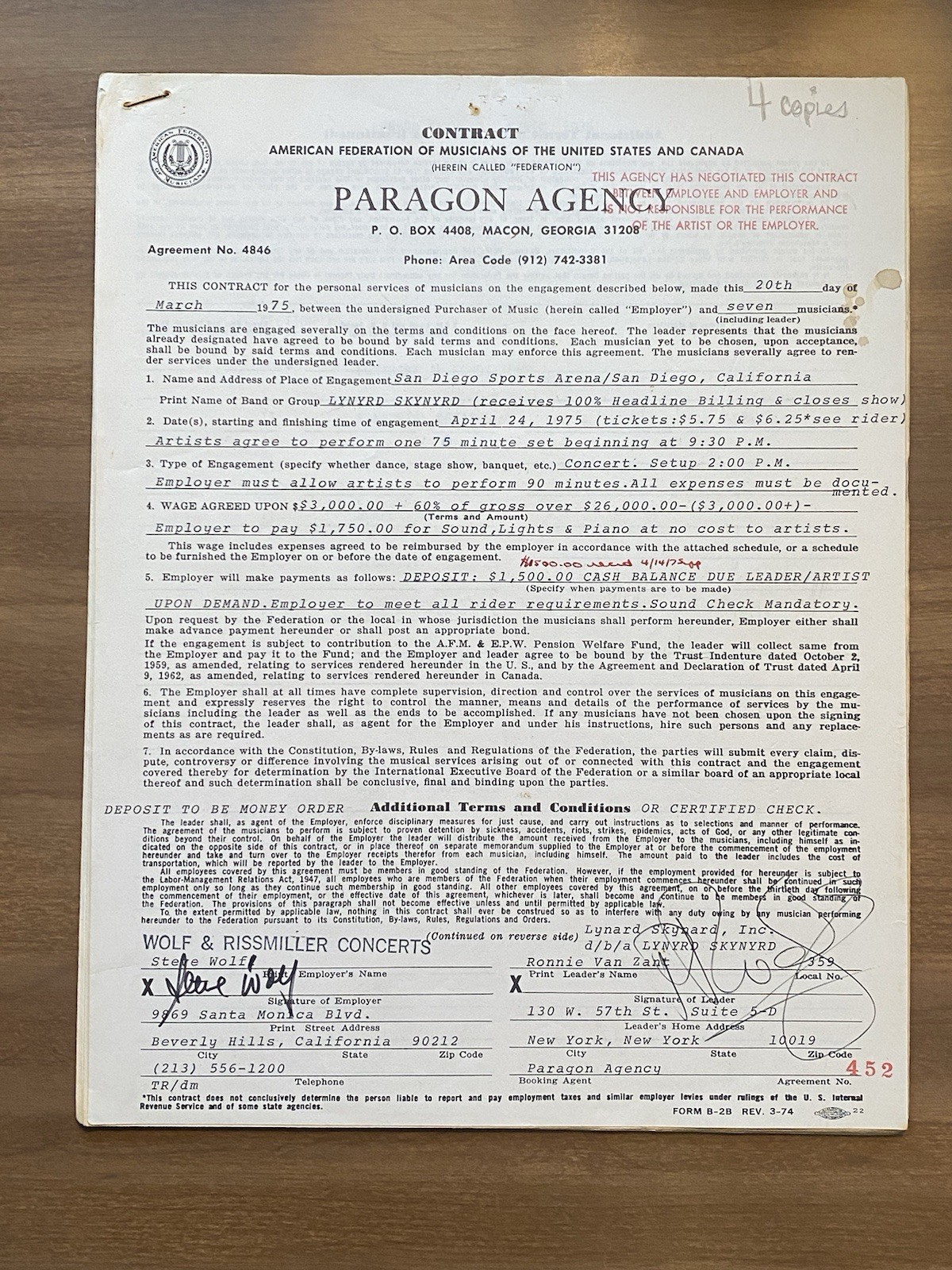Lynyrd Skynyrd Original Booking Contract San Diego Sports Arena April 27th 1975