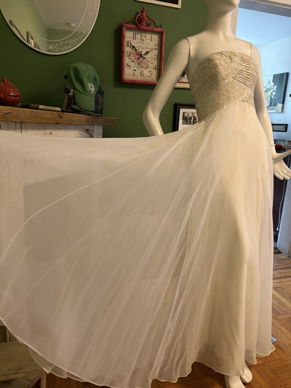 Vtg 1960s Mike Benet Formals White Chiffon grecian Party Dress Beaded Gown 38 M