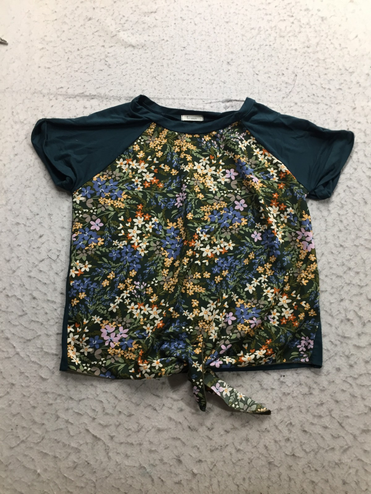 Les Amis Shirt Womens S Small Green Floral Short Sleeve Crew Neck