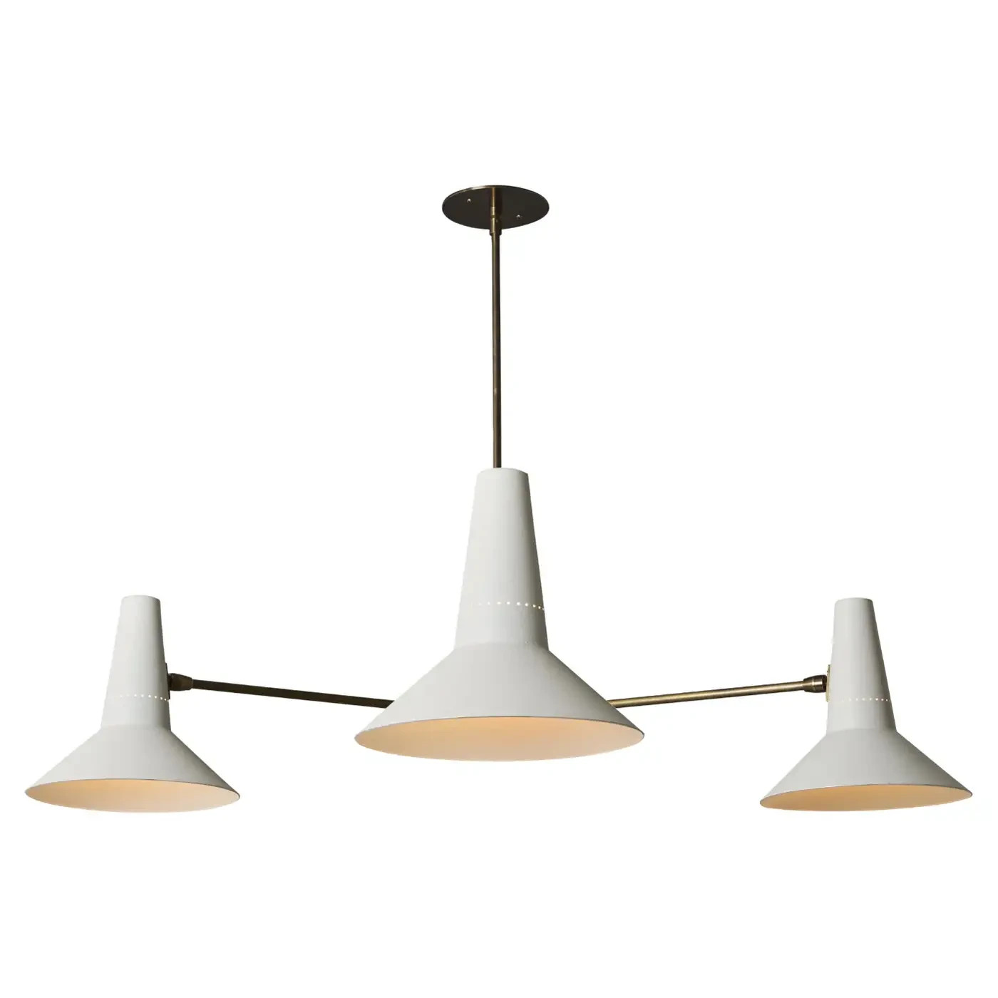 Handcrafted large, triangular, white-and-brass chandelier in the Mid-Century Handcrafted large, triangular, white-and-brass chandelier in the Mid-Century