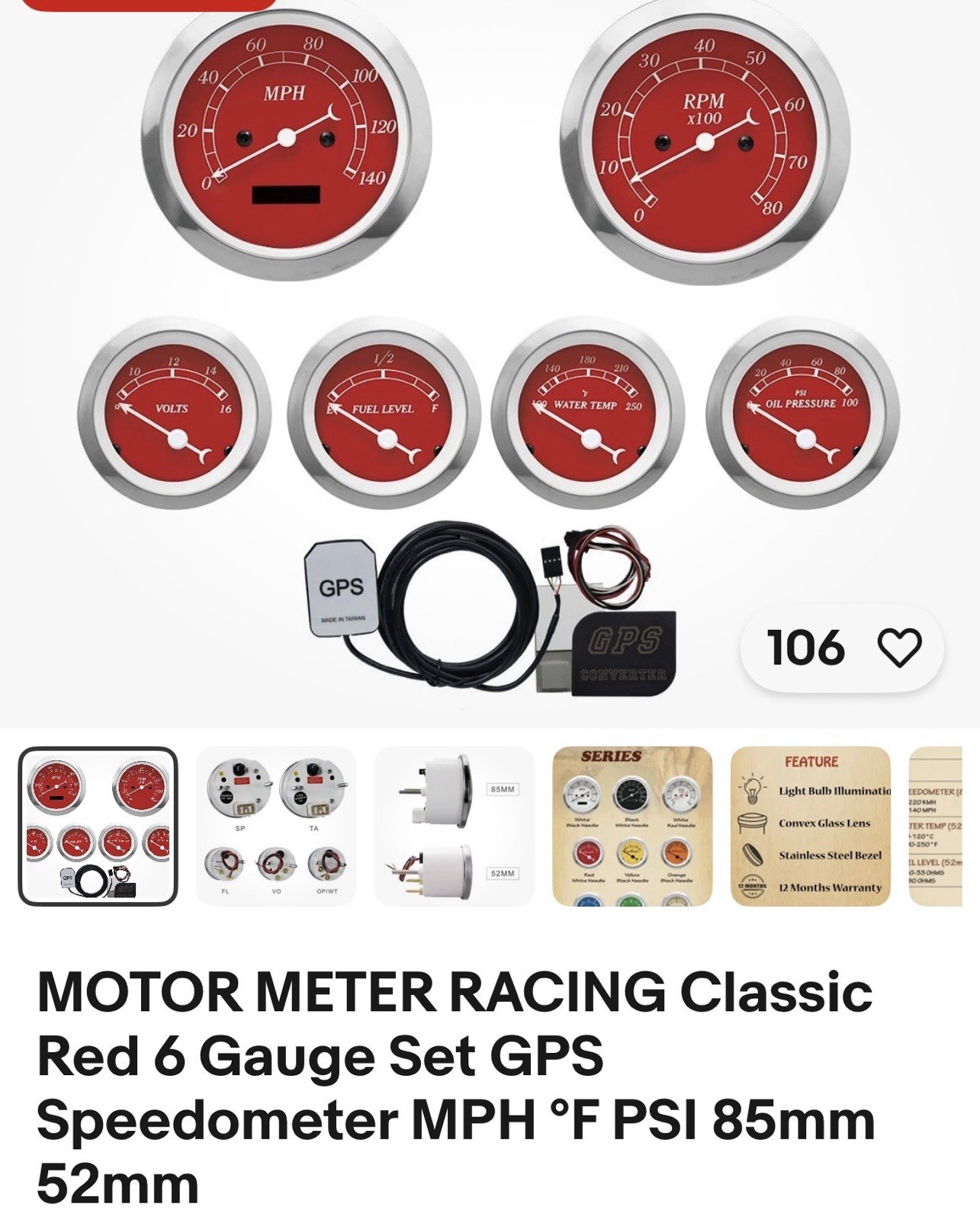 MOTOR METER RACING Classic Red 6 Gauge Set GPS Speedometer MPH °F PSI 85mm 52mm MOTOR METER RACING Classic Red 6 Gauge Set GPS Speedometer MPH °F PSI 85mm 52mm