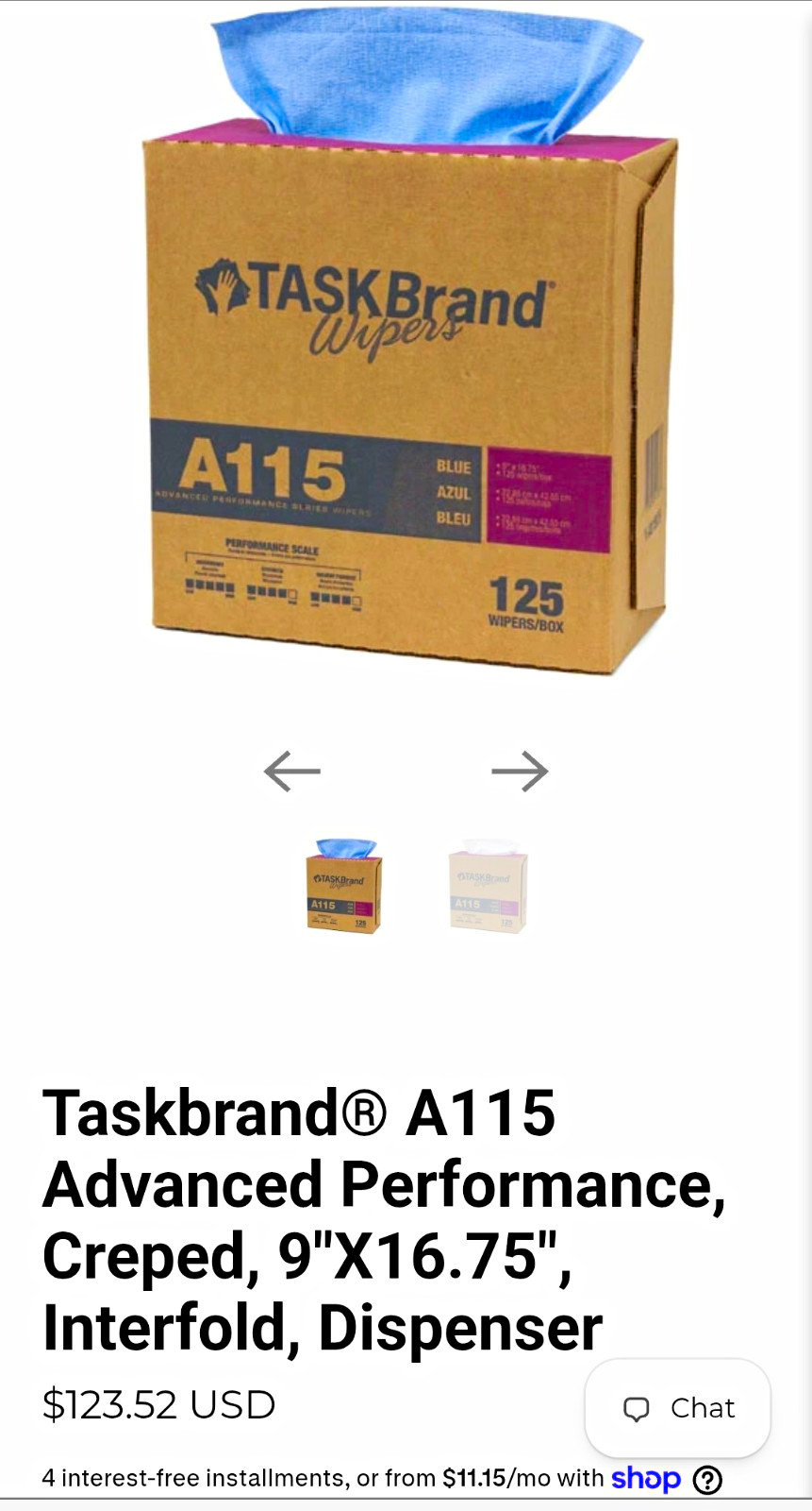 TASKBrand A115 Blue Creped Interfold Wiper Dispenser Box, 125 Count TASKBrand A115 Blue Creped Interfold Wiper Dispenser Box, 125 Count