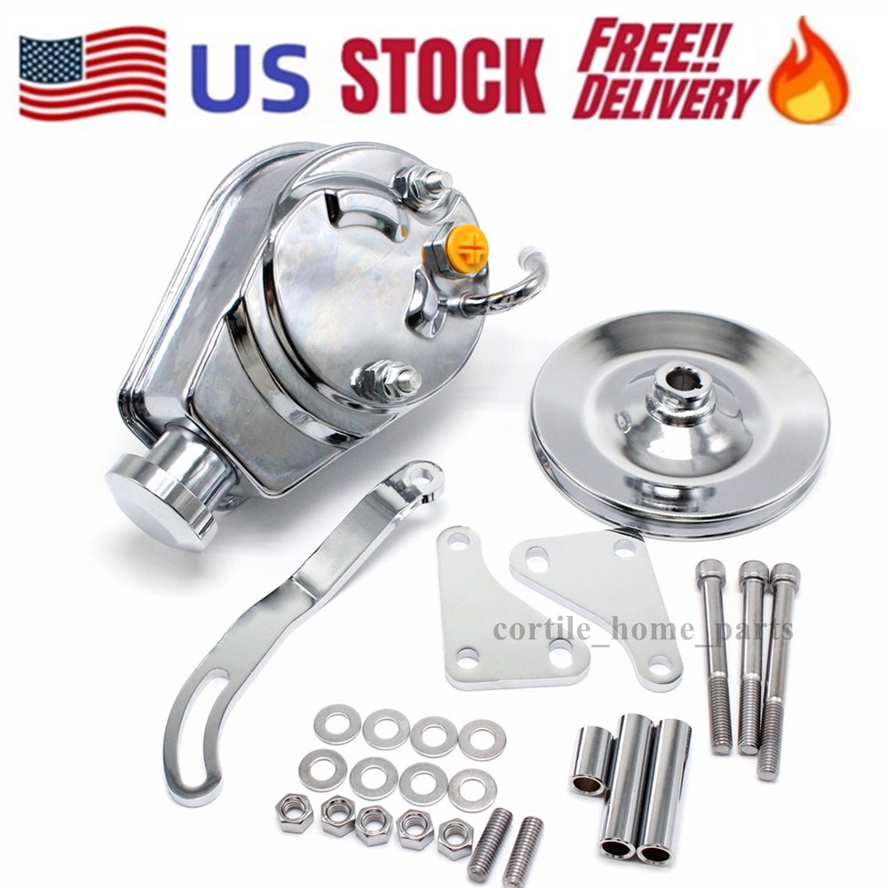 For SBC Chevy Chrome Saginaw Power Steering Pump w/ Bracket & Pulley Kit Keway
