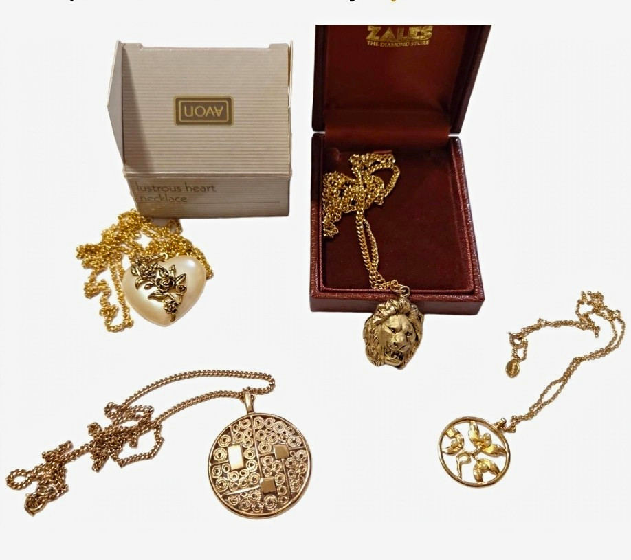 Lot of 4 Vintage Gold Tone Necklaces Avon Heart Lion Head Zales Box Sarah Covent