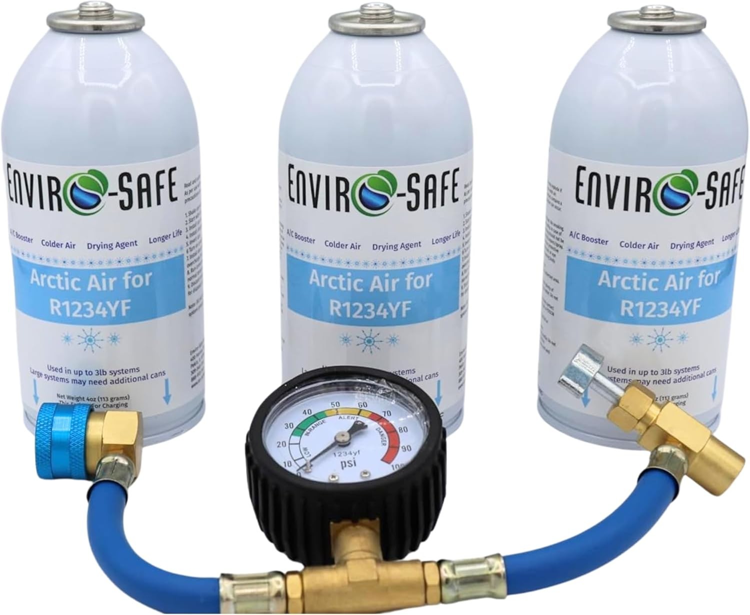 ENVIRO-SAFE Arctic Air for R1234YF Systems, (3 Cans) 4oz +Charging Gauge  Hose