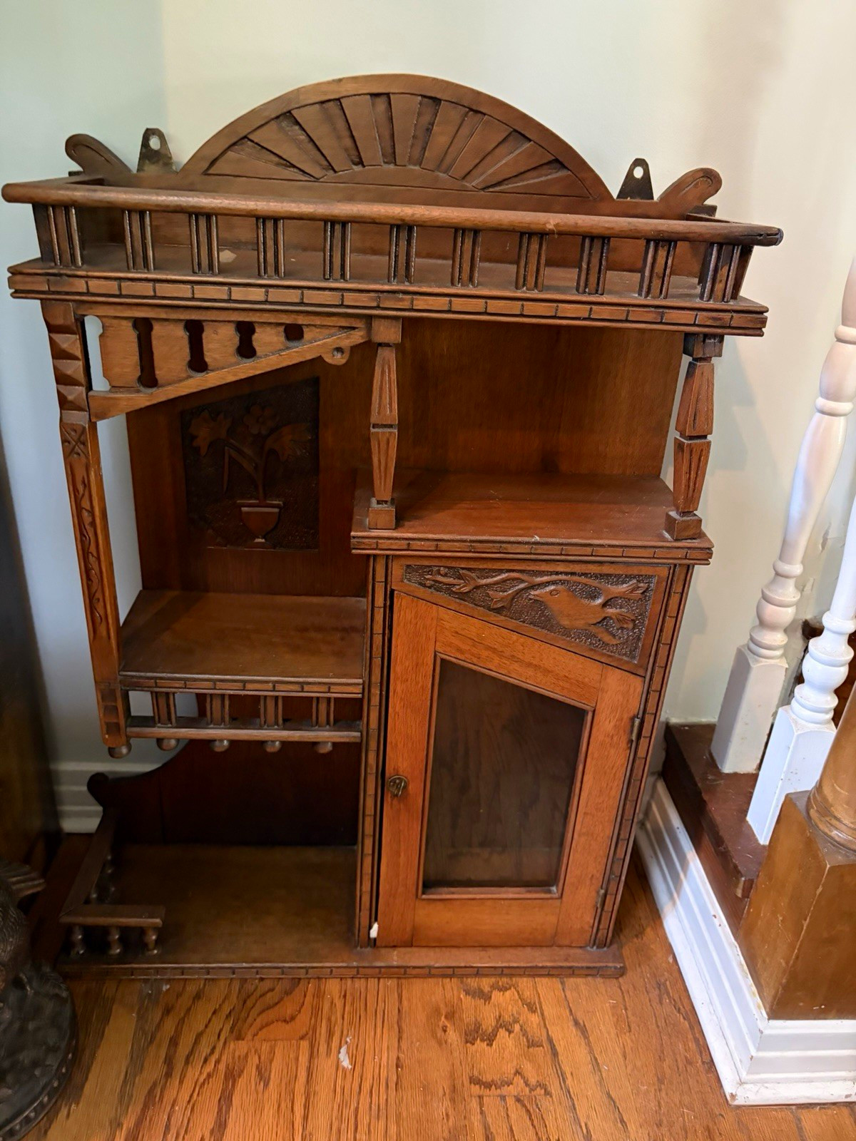 Antique Brown Wood Glass-Front Cabinet 1 Hinged Door Free-Standing 36x22