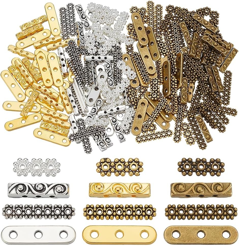 180Pcs 4 Styles 3 Holes 7 Holes Antique Rectangle Spacer Bars, Tibetan Style Spa