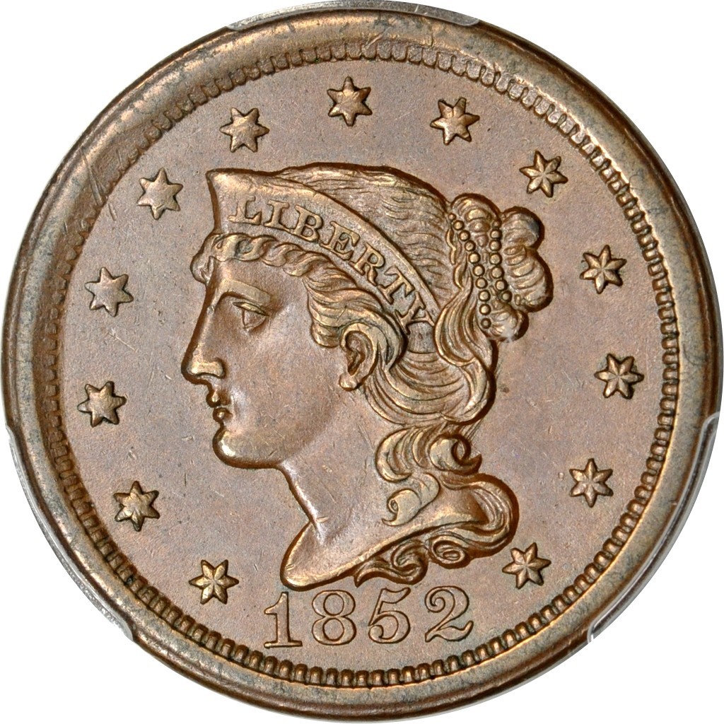 1852 1C Newcomb 11 Braided Hair Cent PCGS AU58BN (CAC) 1852 1C Newcomb 11 Braided Hair Cent PCGS AU58BN (CAC)
