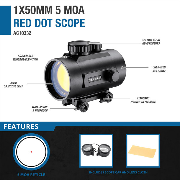 Barska 1x 50 mm 5 MOA Red Dot Scope Tactical & Weaver Rail Anti-Reflective Barska 1x 50 mm 5 MOA Red Dot Scope Tactical & Weaver Rail Anti-Reflective